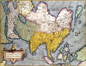 Asia: Kart over kontinentet inkludert Japan og Øst-India med en del av New Guinea, ca. 1580